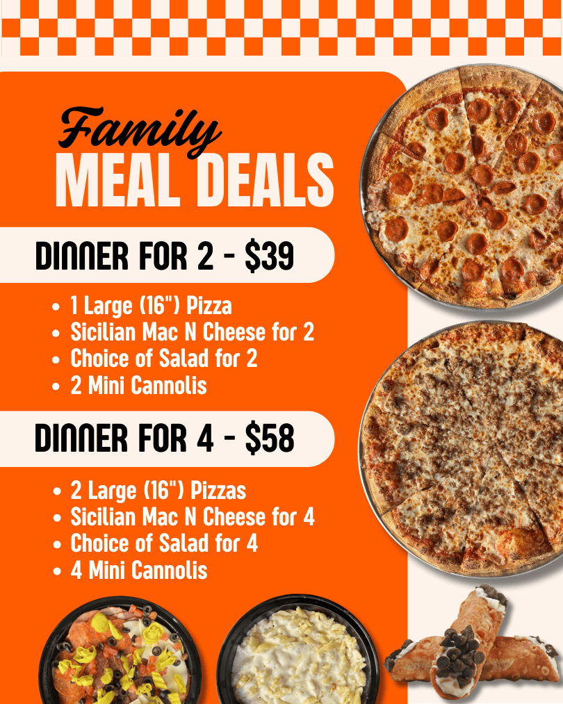 Pizzabilities Family Meal Deals in Alpine and Santee San Diego featuring dinner specials with large 16 inch pizzas, Sicilian mac and cheese, fresh salads, and mini cannolis with options for two or four people