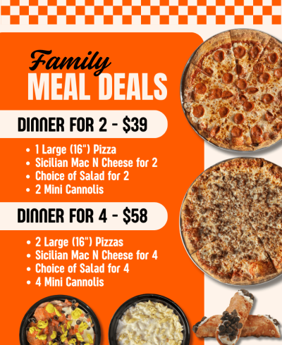 Pizzabilities Family Meal Deals in Alpine and Santee San Diego featuring dinner specials with large 16 inch pizzas, Sicilian mac and cheese, fresh salads, and mini cannolis with options for two or four people